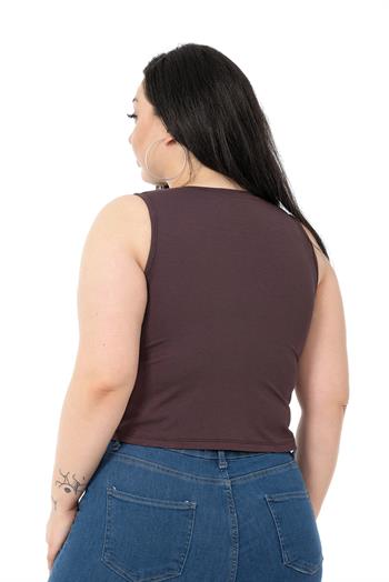 Büyük Beden Bisiklet Yaka Kolsuz Crop Viskon Koyu Vizon Body