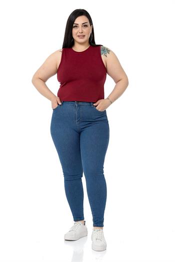 Büyük Beden Bisiklet Yaka Kolsuz Crop Viskon Bordo Body
