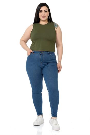 Büyük Beden Bisiklet Yaka Kolsuz Crop Viskon Haki Body
