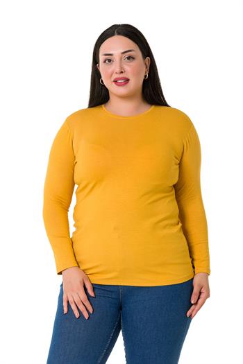 Büyük Beden Bisiklet Yaka Uzun Kollu Viskon Hardal Body