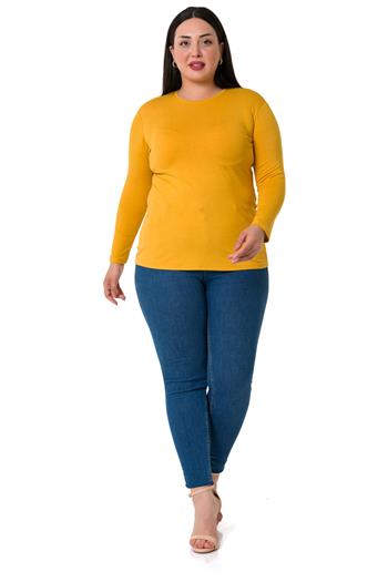Büyük Beden Bisiklet Yaka Uzun Kollu Viskon Hardal Body