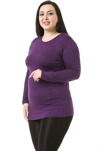 Büyük Beden Bisiklet Yaka Uzun Kollu Viskon Mürdüm Body