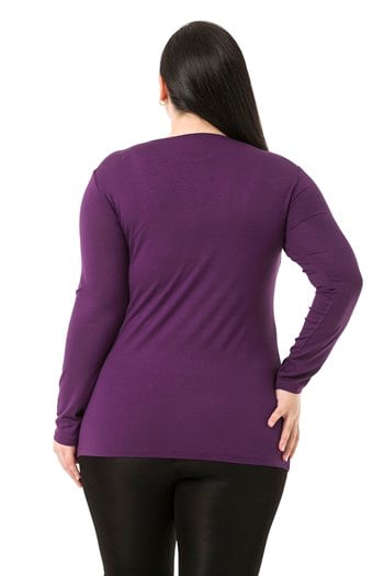 Büyük Beden Bisiklet Yaka Uzun Kollu Viskon Mürdüm Body