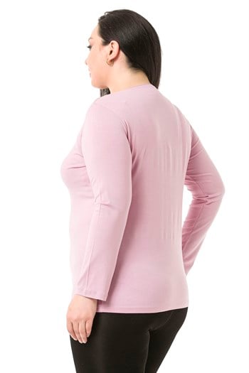 Büyük Beden Bisiklet Yaka Uzun Kollu Viskon Pembe Body