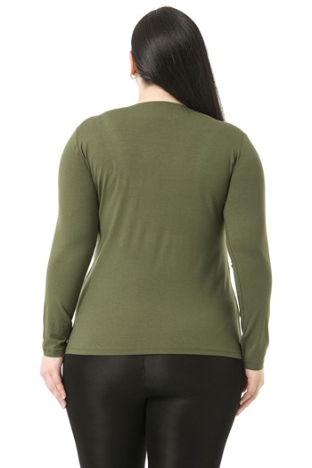 Büyük Beden Bisiklet Yaka Uzun Kollu Viskon Haki Body