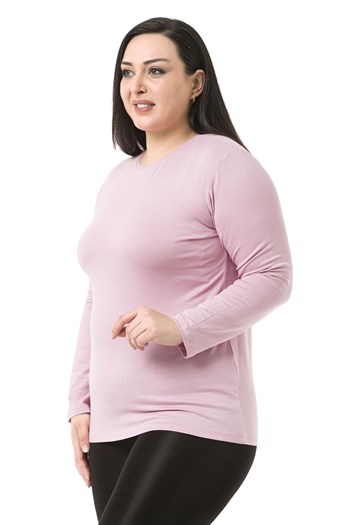 Büyük Beden Bisiklet Yaka Uzun Kollu Viskon Pembe Body