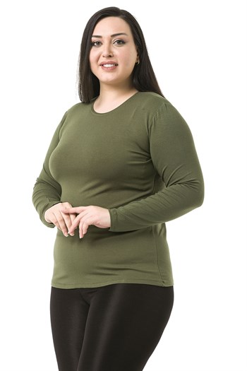 Büyük Beden Bisiklet Yaka Uzun Kollu Viskon Haki Body