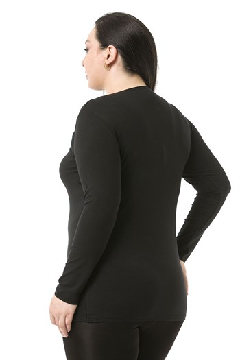 Büyük Beden Bisiklet Yaka Uzun Kollu Viskon Siyah Body