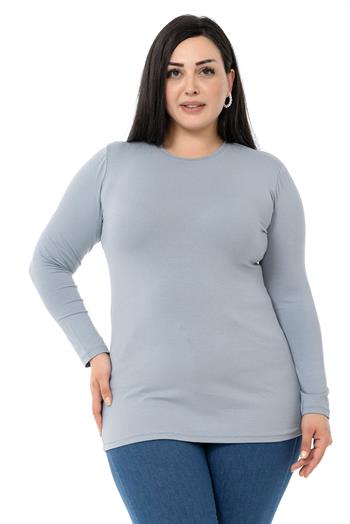 Büyük Beden Bisiklet Yaka Uzun Kollu Viskon Açık Gri Body