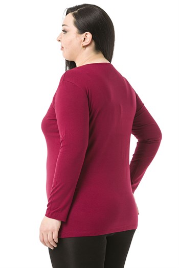 Büyük Beden Bisiklet Yaka Uzun Kollu Viskon Bordo Body