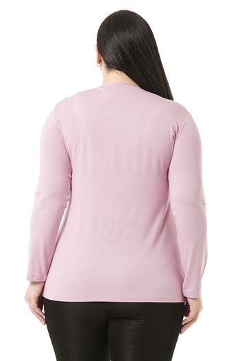 Büyük Beden Bisiklet Yaka Uzun Kollu Viskon Pembe Body
