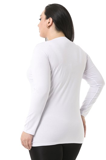 Büyük Beden Bisiklet Yaka Uzun Kollu Viskon Beyaz Body