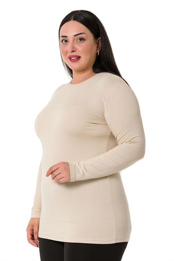 Büyük Beden Bisiklet Yaka Uzun Kollu Viskon Bej Body