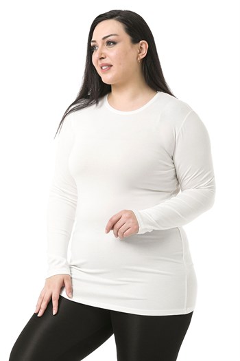Büyük Beden Bisiklet Yaka Uzun Kollu Viskon Ekru Body