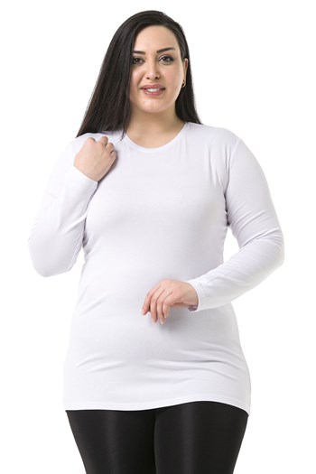 Büyük Beden Bisiklet Yaka Uzun Kollu Viskon Beyaz Body