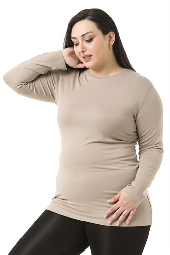 Büyük Beden Bisiklet Yaka Uzun Kollu Viskon Kum Rengi Body