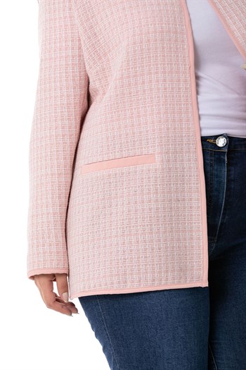 Büyük Beden Biye Detaylı Apoletli Sahte Cepli Agraflı Pembe Astarsız Ceket