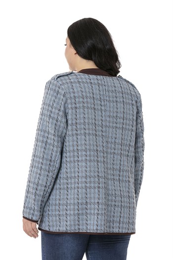 Büyük Beden Biye Detaylı Apoletli Sahte Cepli Agraflı Mavi Astarsız Ceket