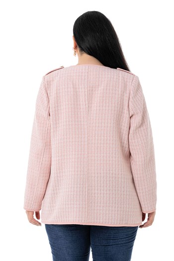 Büyük Beden Biye Detaylı Apoletli Sahte Cepli Agraflı Pembe Astarsız Ceket