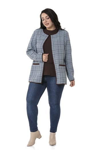 Büyük Beden Biye Detaylı Apoletli Sahte Cepli Agraflı Mavi Astarsız Ceket