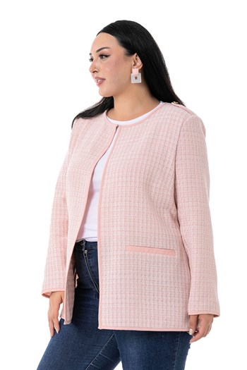 Büyük Beden Biye Detaylı Apoletli Sahte Cepli Agraflı Pembe Astarsız Ceket