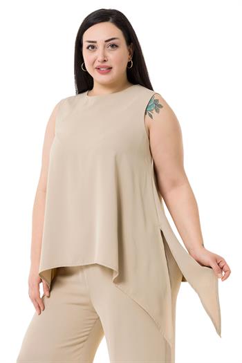 Büyük Beden Bluz Pantolon Bej Rengi Takım