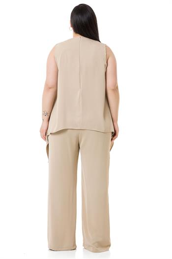 Büyük Beden Bluz Pantolon Bej Rengi Takım