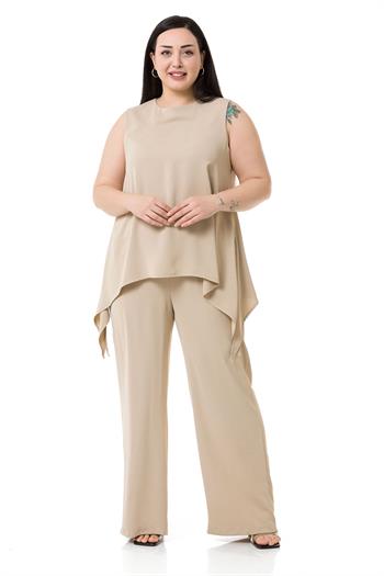 Büyük Beden Bluz Pantolon Bej Rengi Takım