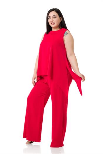 Büyük Beden Bluz Pantolon Kırmızı Takım