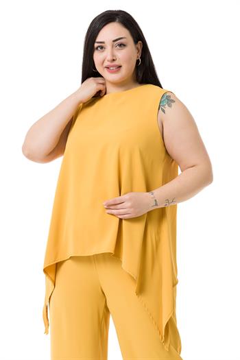 Büyük Beden Bluz Pantolon Sarı Takım