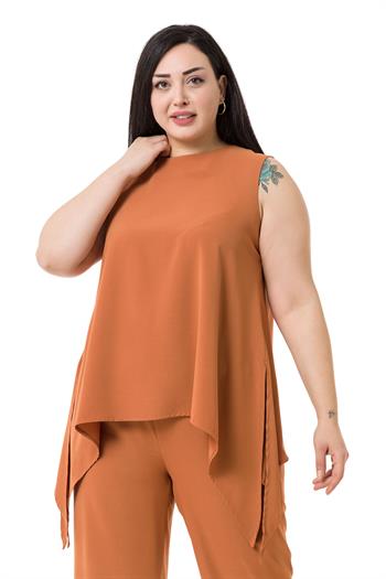 Büyük Beden Bluz Pantolon Tarçın Rengi Takım