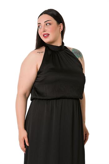 Plus Size Halter Neck Elastic Waist Satin Long Black Dress