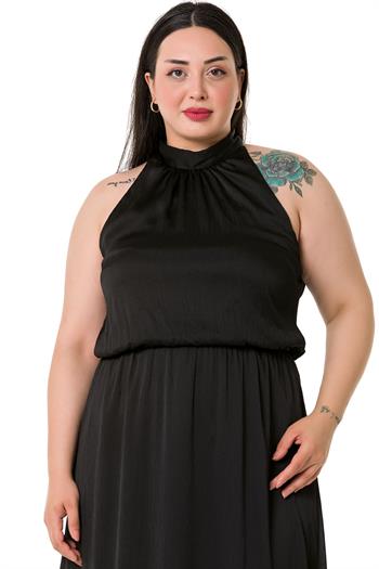 Plus Size Halter Neck Elastic Waist Satin Long Black Dress