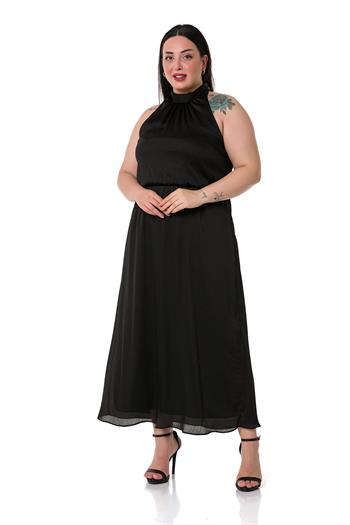 Plus Size Halter Neck Elastic Waist Satin Long Black Dress