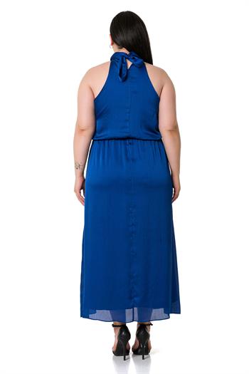 Büyük Beden Boyundan Bağlamalı Beli Lastikli Saten Uzun Saks Mavi Elbise
