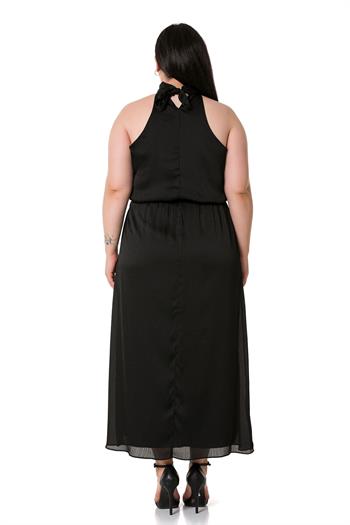Plus Size Halter Neck Elastic Waist Satin Long Black Dress