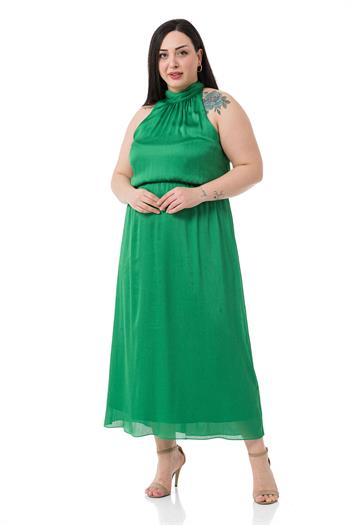 Büyük Beden Boyundan Bağlamalı Beli Lastikli Saten Uzun Yeşil Elbise