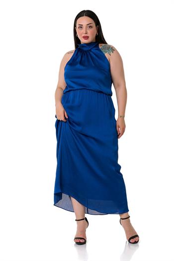 Büyük Beden Boyundan Bağlamalı Beli Lastikli Saten Uzun Saks Mavi Elbise