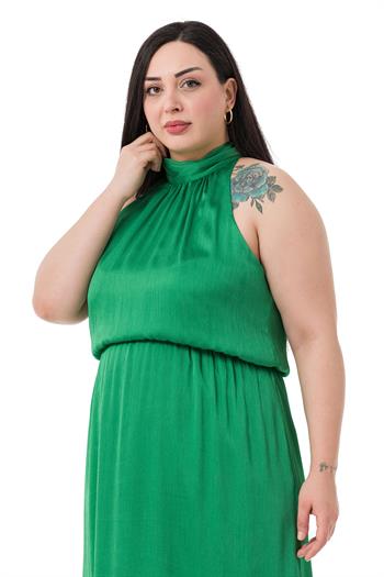 Büyük Beden Boyundan Bağlamalı Beli Lastikli Saten Uzun Yeşil Elbise