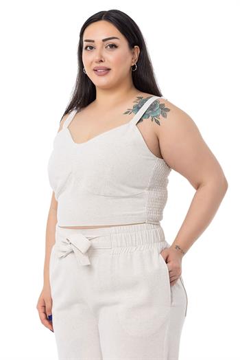 Büyük Beden Büstiyer Pantolon Bej Rengi İkili Takım 