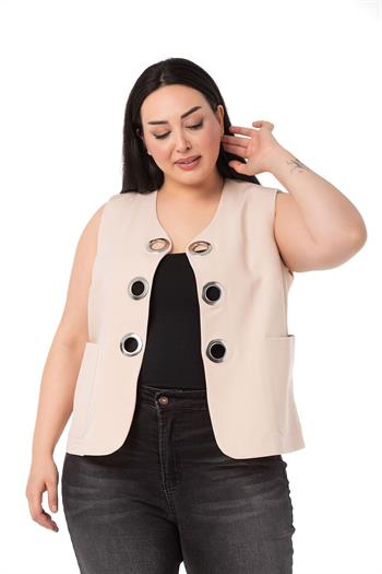 Plus Size Beige Vest with Large Eyelet Detail