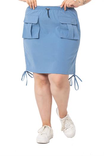 Büyük Beden Büzgü Detaylı Paraşüt Mini Mavi Etek 