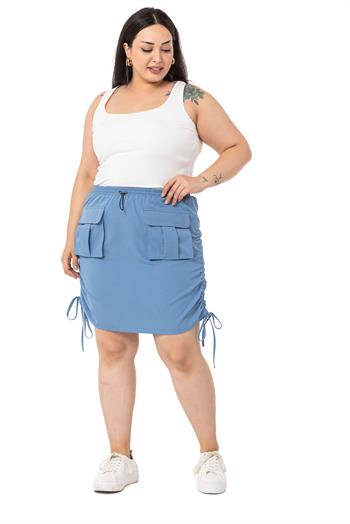 Büyük Beden Büzgü Detaylı Paraşüt Mini Mavi Etek 