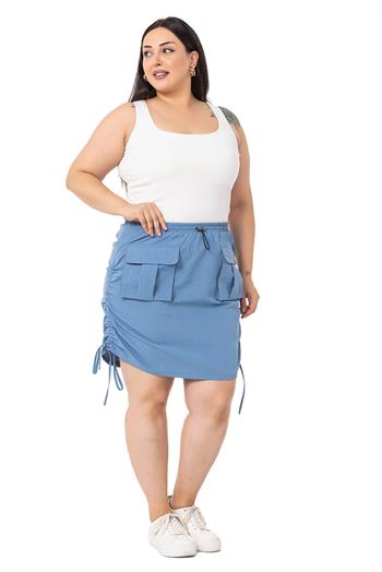 Büyük Beden Büzgü Detaylı Paraşüt Mini Mavi Etek 