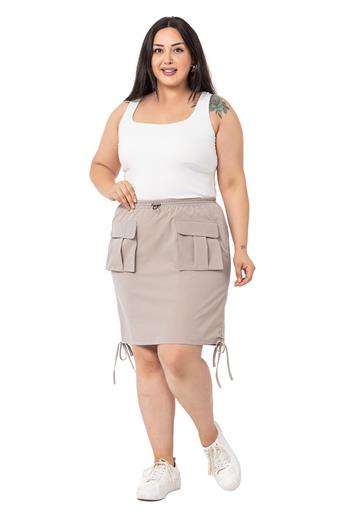 Büyük Beden Büzgü Detaylı Paraşüt Mini Taş Rengi Etek 
