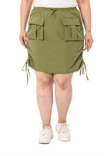 Büyük Beden Büzgü Detaylı Paraşüt Mini Haki Etek 