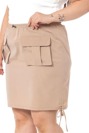 Büyük Beden Büzgü Detaylı Paraşüt Mini Vizon Etek 