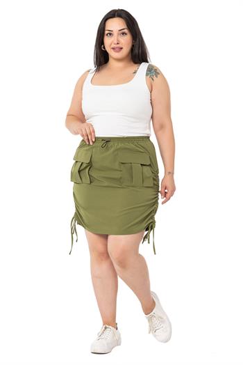 Büyük Beden Büzgü Detaylı Paraşüt Mini Haki Etek 