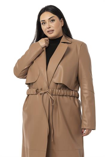 Büyük Beden Büzgülü Kemerli Rüzgarlıklı Uzun Deri Astarlı Vizon Kaban