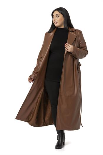 Büyük Beden Büzgülü Kemerli Rüzgarlıklı Uzun Deri Astarlı Kahverengi Kaban